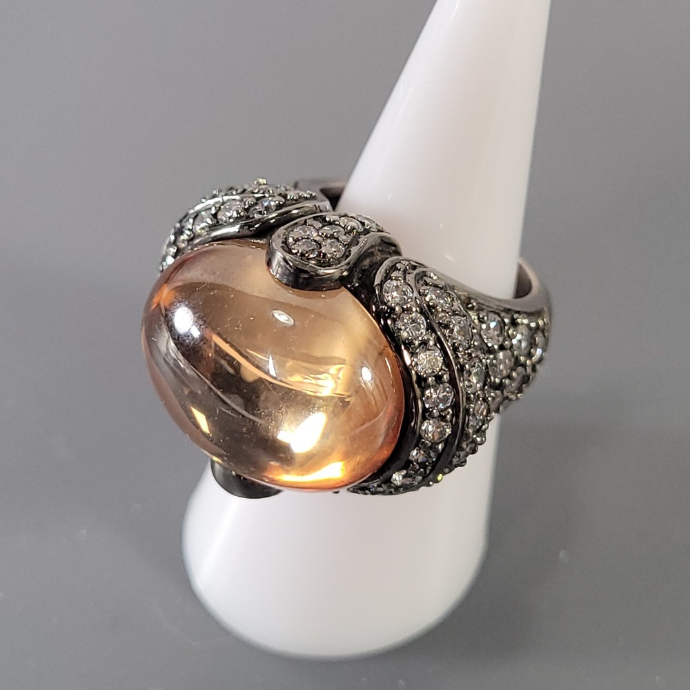 Sterling Silver Ring Chunky Mens Amber Cabochon Pave Size 7.25 Heavy 26.8g 925